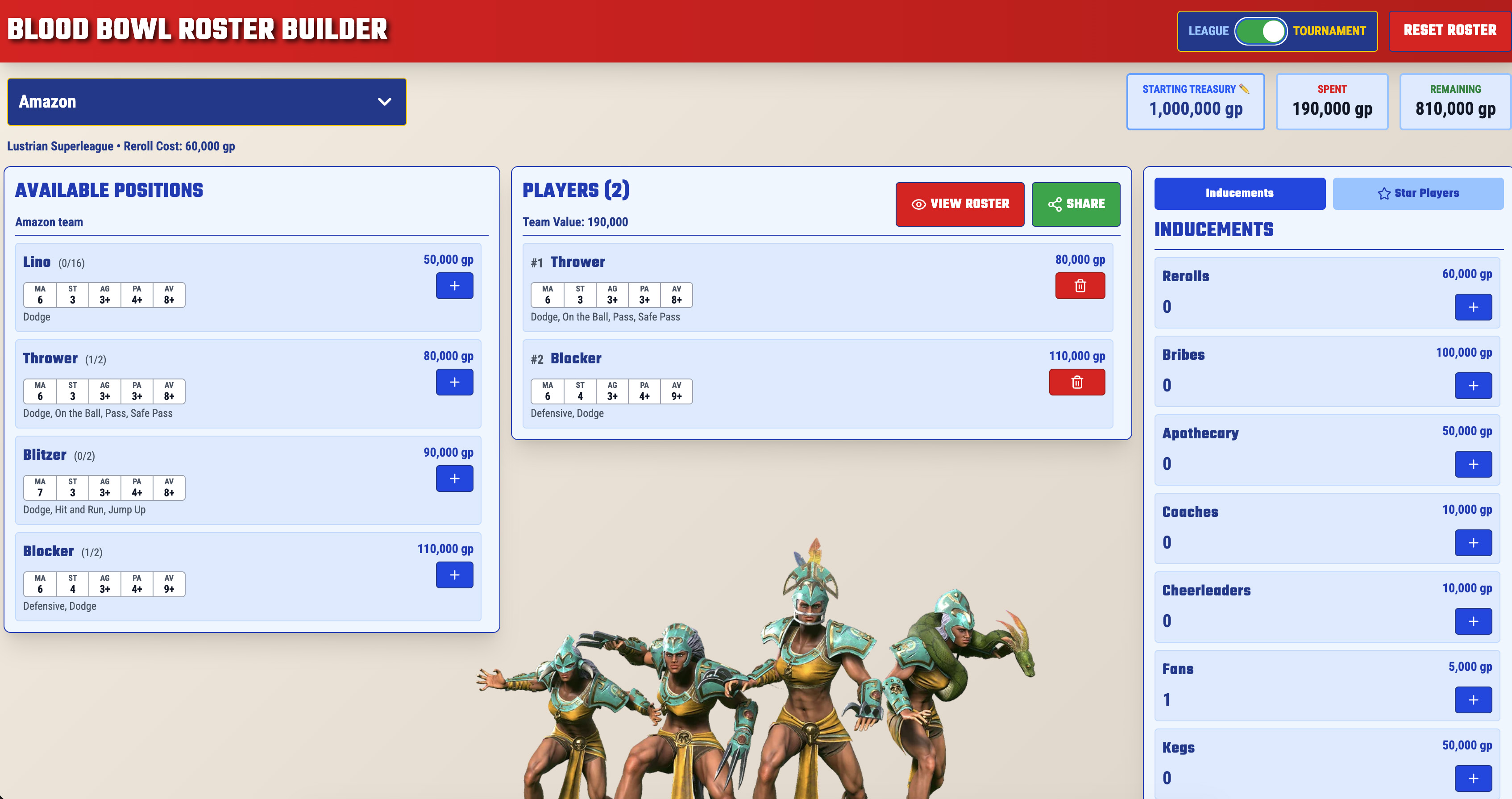 A screen shot of a blood bowl roster builder app, produced in Claude and Cursor, published in GitPages.