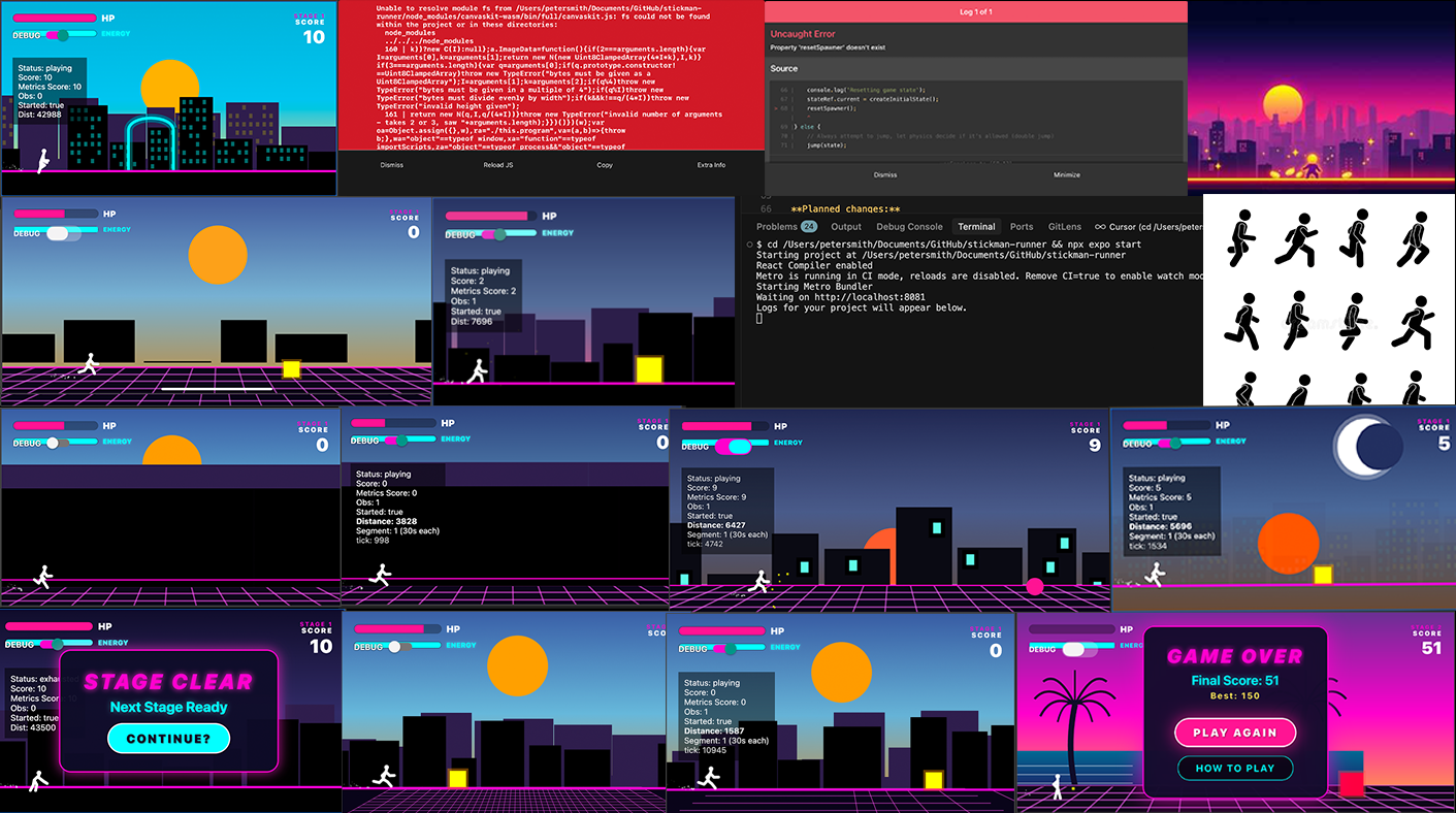 A stickman character running across a synthwave-style perspective grid, from the Stickman Runner game