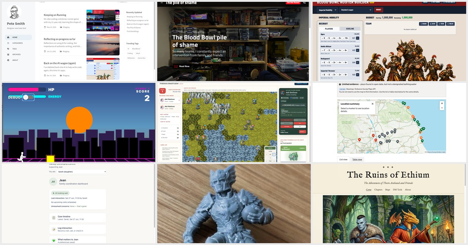 A 3x3 grid of screenshots from nine different AI-assisted projects, blog to board game.